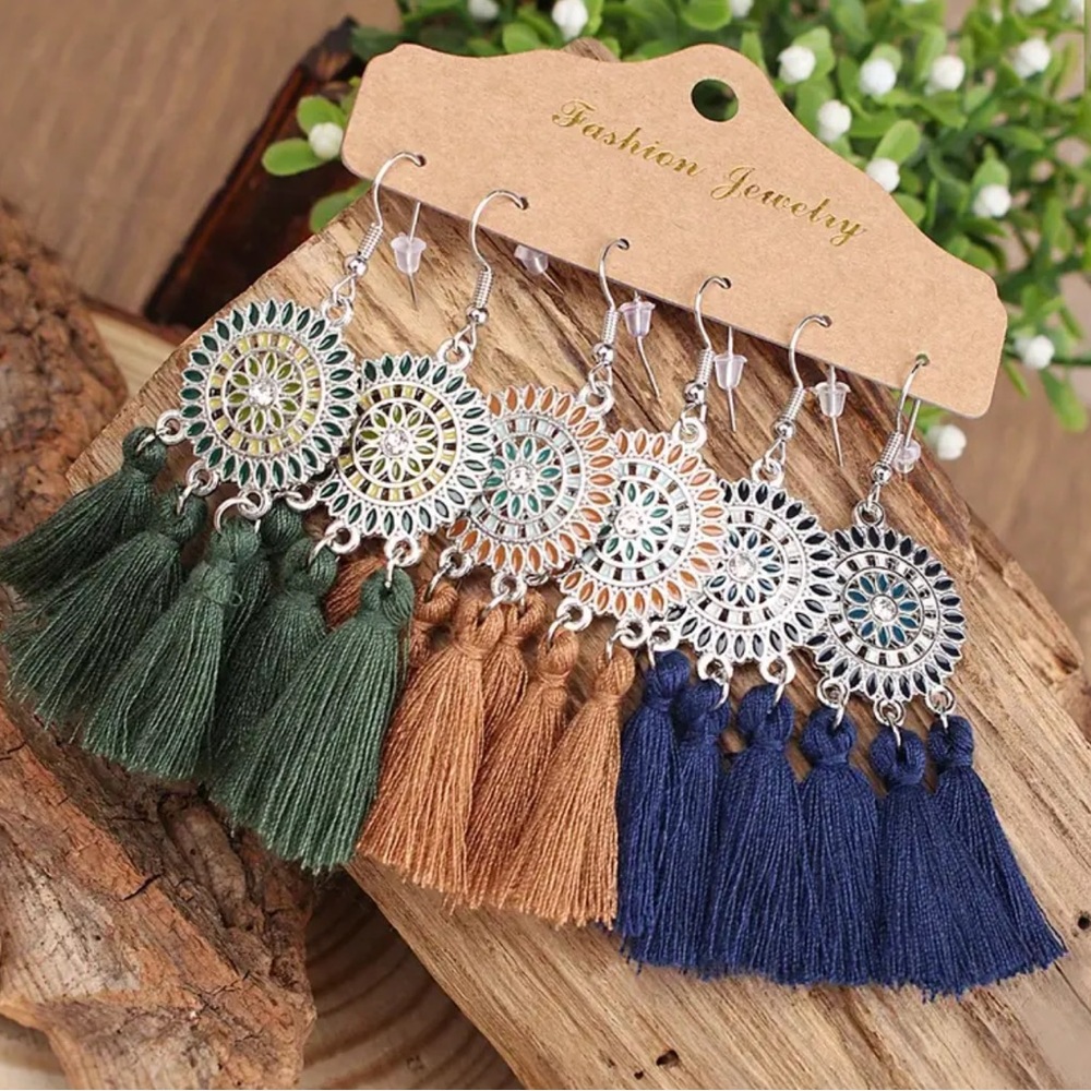 NEW| 3pairs Boho Flower Fringe Pendant Earrings - Picture 1 of 6